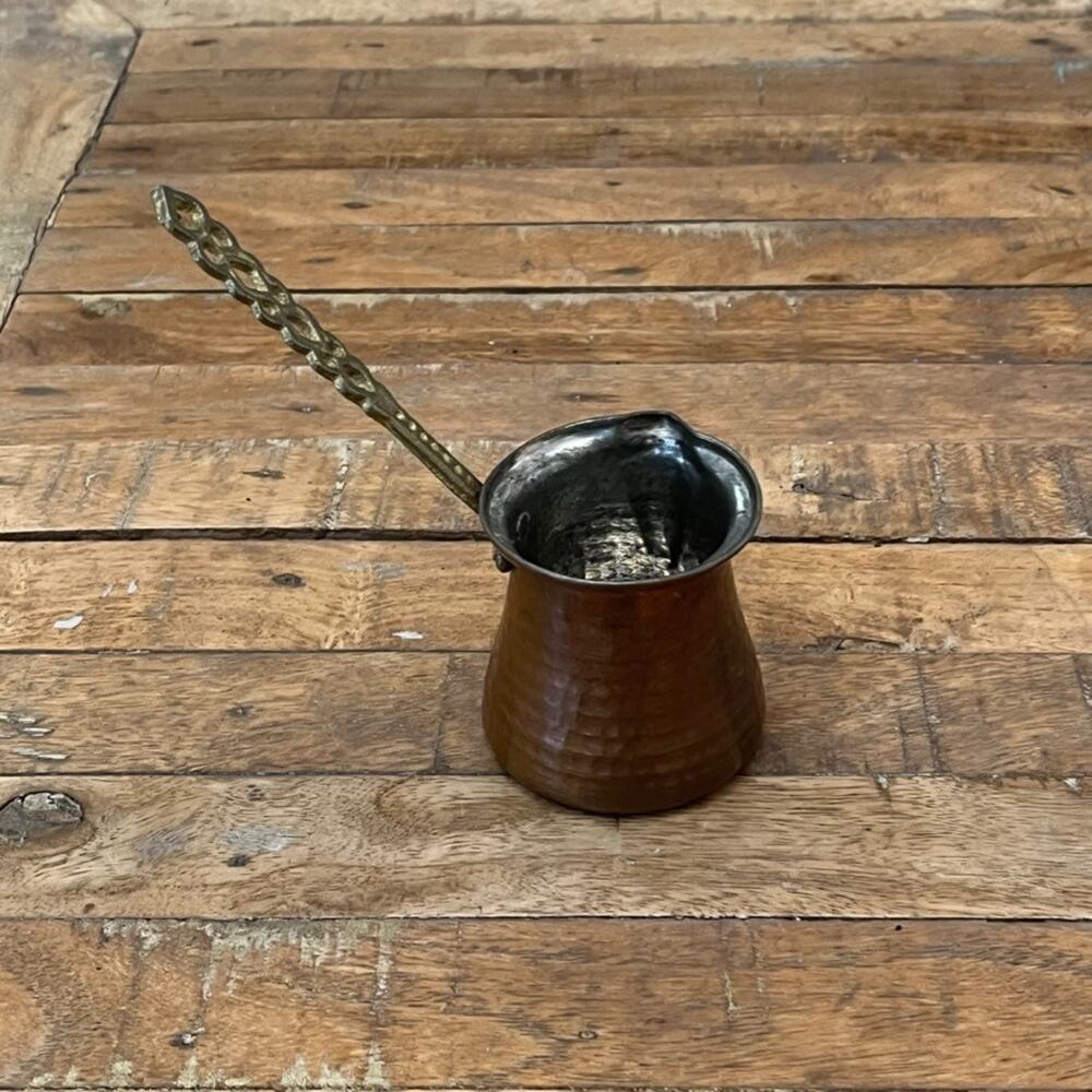 Vintage Hammered Copper Turkish Coffee Pot With Intricate Brass Handle